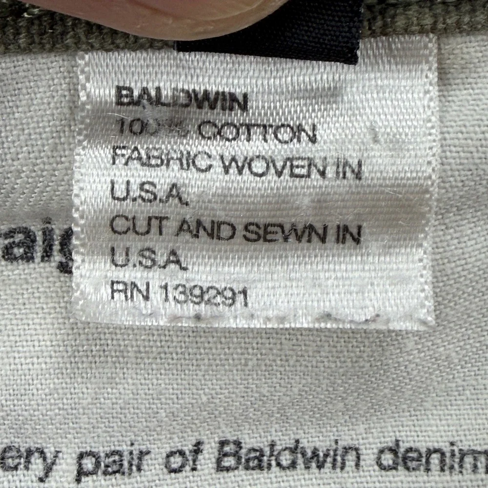 Baldwin The Reed Classic Straight‎ Pants Mens 33 Olive Green Cotton Canvas USA